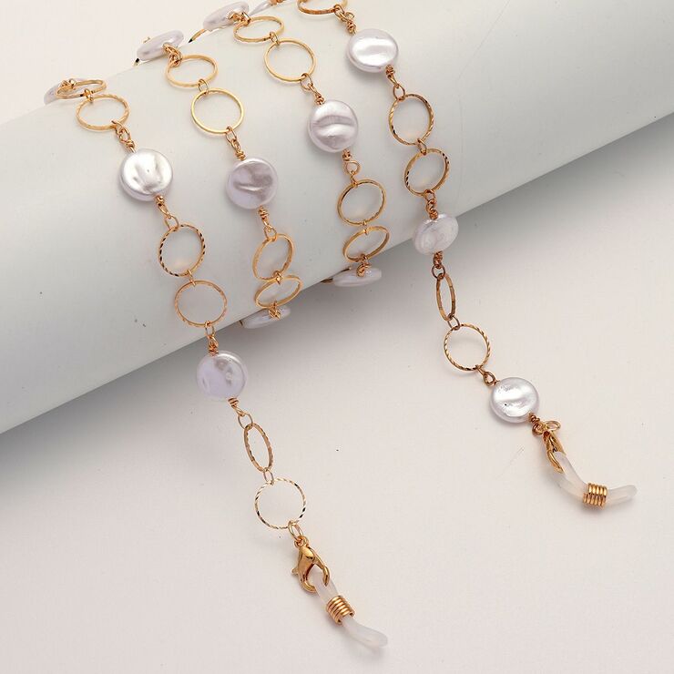 Gold-colored metal non-slip chain, with round pearl, for glasses and masks GL1866