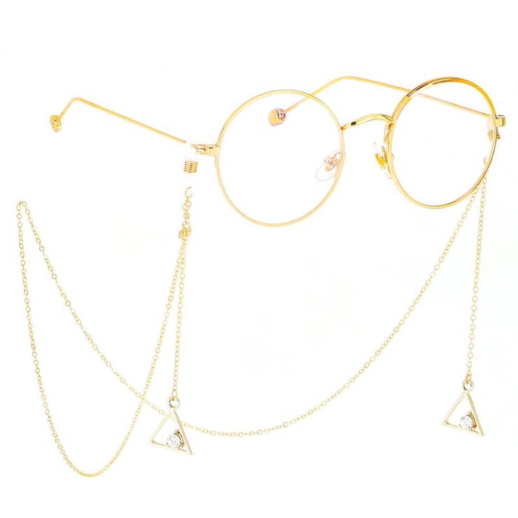 Gold-colored metal non-slip chain, with a triangle pendant with rhinestones, for glasses and masks GL384