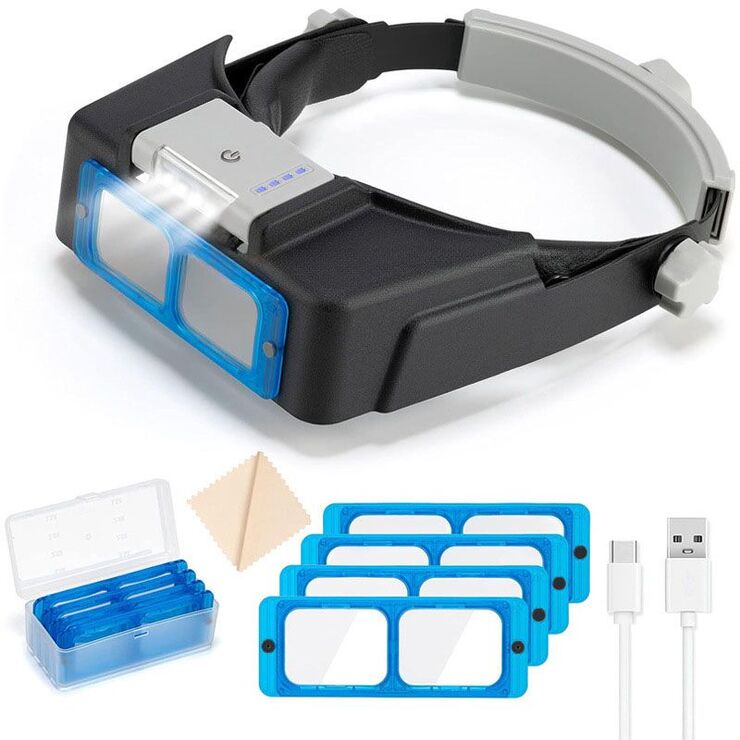 Лупа бинокулярная с подсветкой, увеличительное стекло с креплением на голову 518B-XX, увеличение: 1,5X, 2X, 2,5X, 3,5X