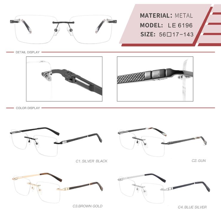 Metal rimless on screws frame for men with spring hinges LE6196-DA
