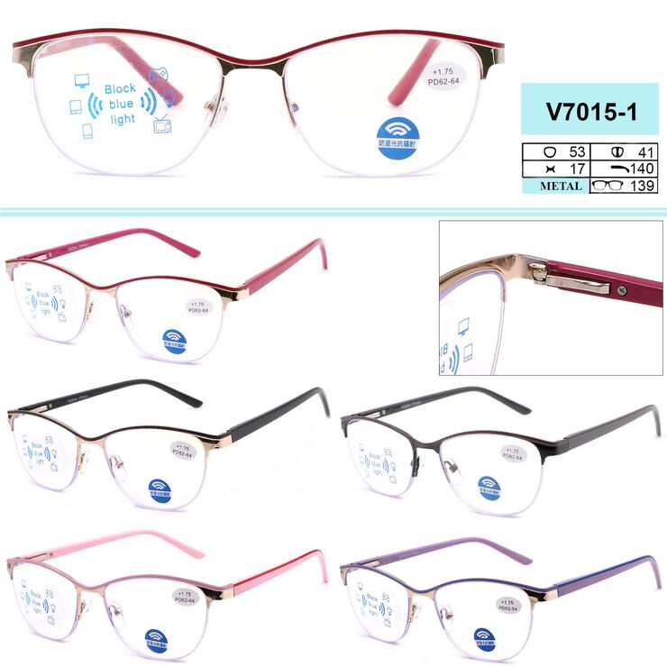 Ready-made metal blueblocker glasses with flex hinges for women Vizzini V7015-1, Diopters: +0.75 to +4.50 (0.25 step); -1.00 to -4.00 (0.5 step)