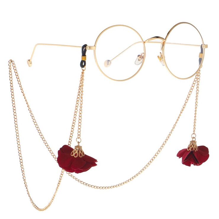 Gold-colored metal non-slip chain, with a red flower pendant, for glasses and masks GL002