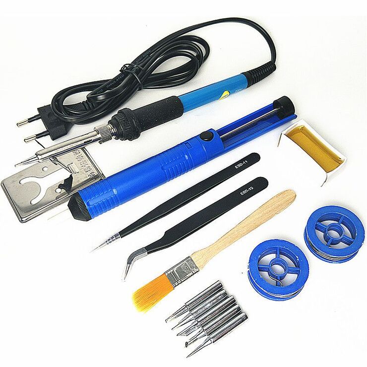 Soldering kit, 14 pieces, temperature-controlled soldering iron 60 W, powered by 220 V
