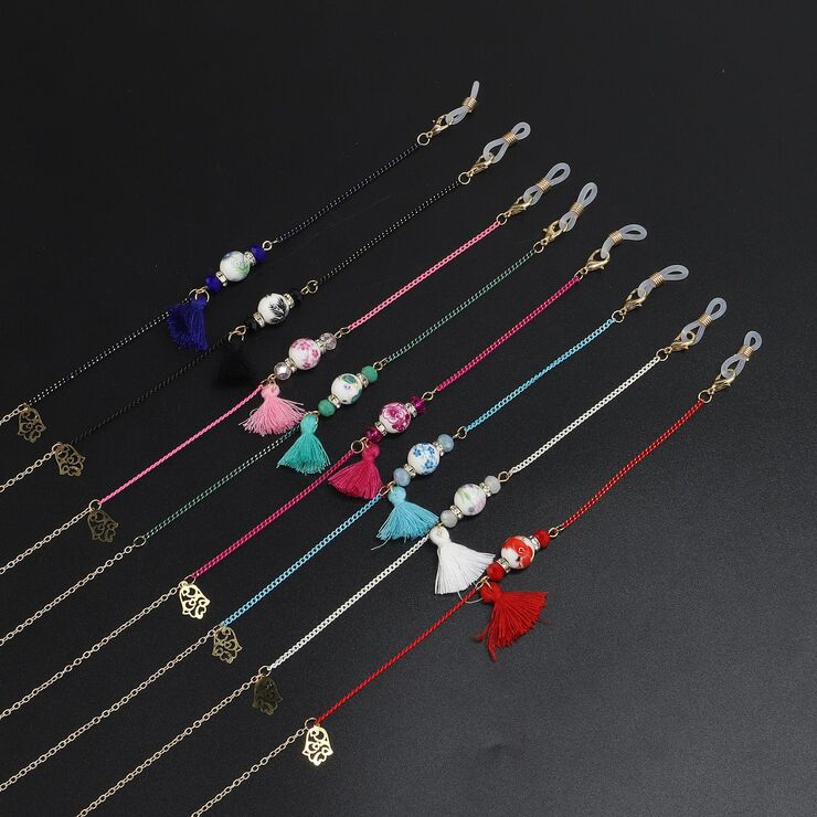 Gold-colored metal non-slip chain, with ceramic beads and tassel, for glasses and masks GL924