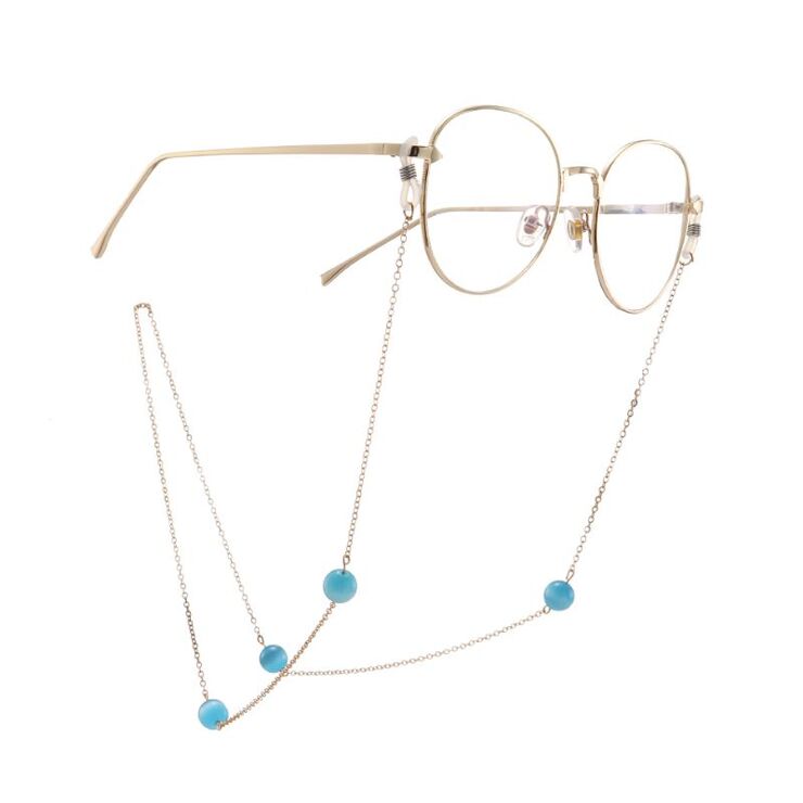 Gold-colored metal non-slip chain, with blue cat's eye beads, for glasses and masks GA049