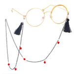 Black-colored metal non-slip chain, with pendant black tassel and crystal, for glasses and masks GL409
