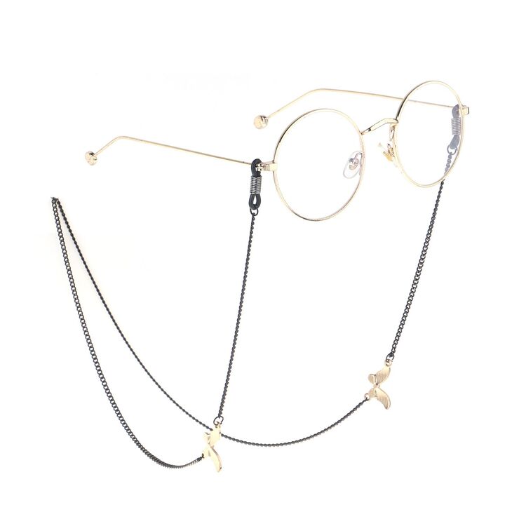 Black-colored metal non-slip chain, with butterfly with rhinestone, for glasses and masks GL858