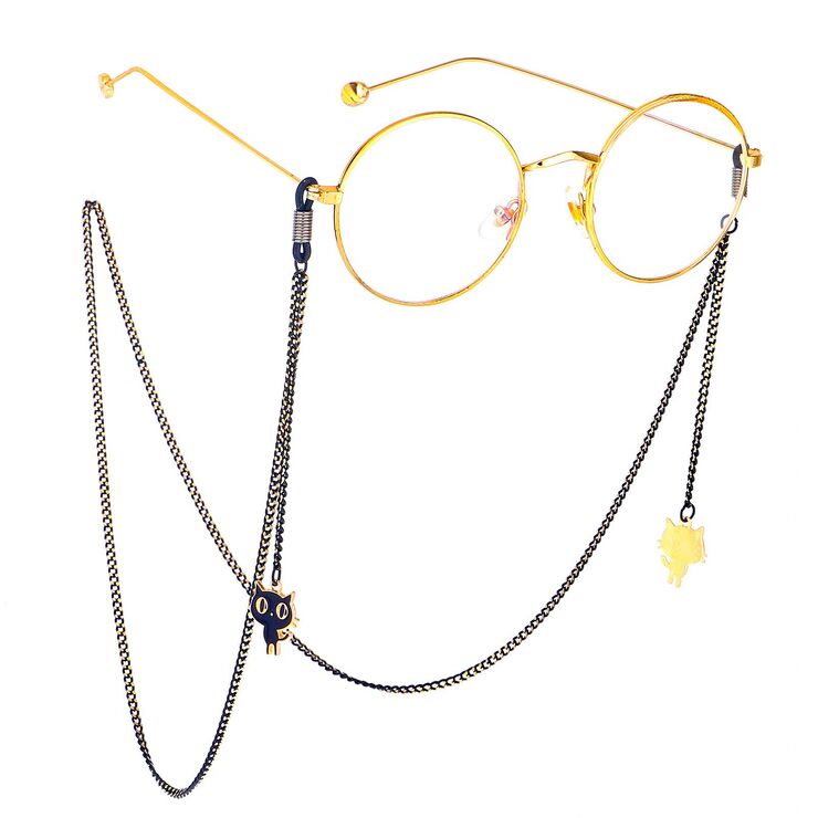 Black-colored metal non-slip chain, with pendant cat, for glasses and masks GL500