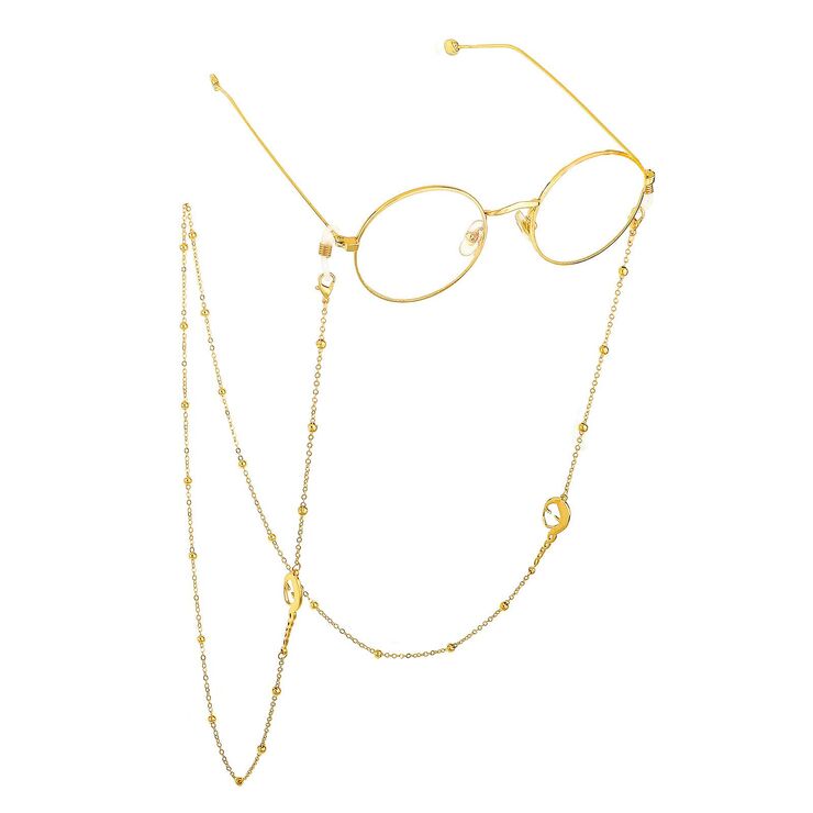 Gold-colored metal non-slip chain, with pendant mask face and beads, for glasses and masks GL628