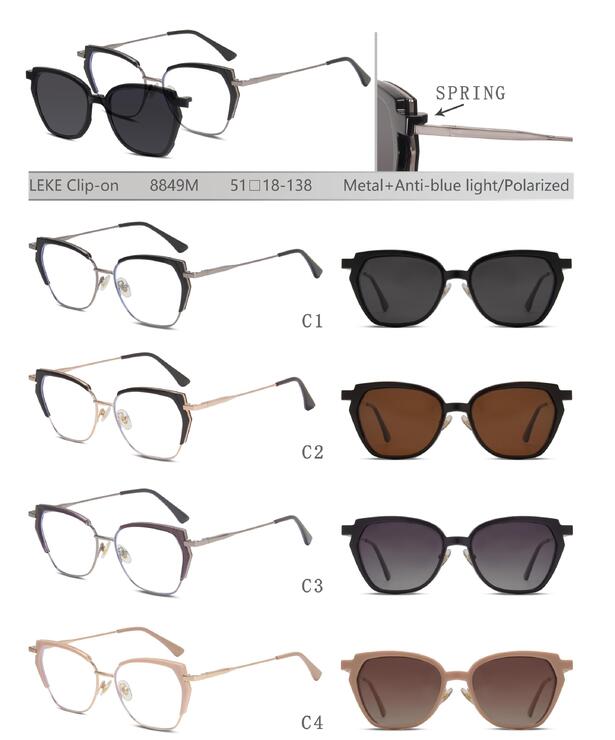 Metal eyeglasses frame with blue ray cut protection, with spring hinges + sun protection polarized clip-on Leke LK8849M