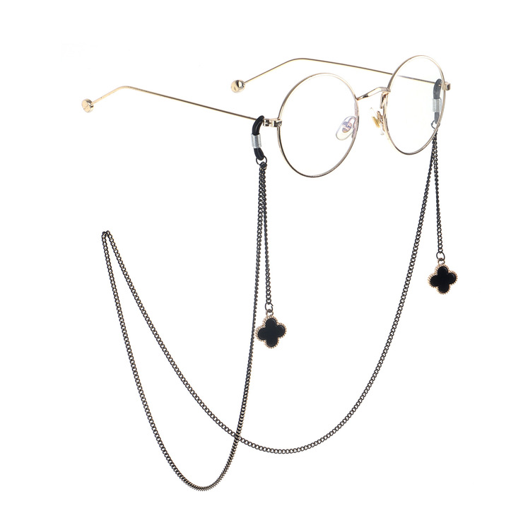 Металлическая нескользящая цепочка черного цвета, с подвеской в виде цветка клевера, для очков и масок GL854