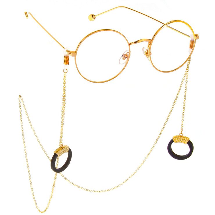 Gold-colored metal non-slip chain, with wood black round pendant, for glasses and masks GL308