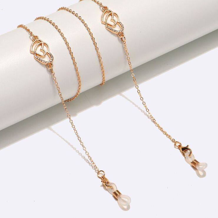 Gold-colored metal non-slip chain, with heart and rhinestones, for glasses and masks GL1575