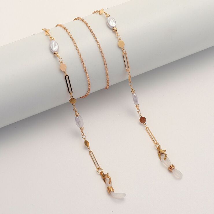 Gold-colored metal non-slip chain, with pearl oval and metal disc, for glasses and masks GL1864