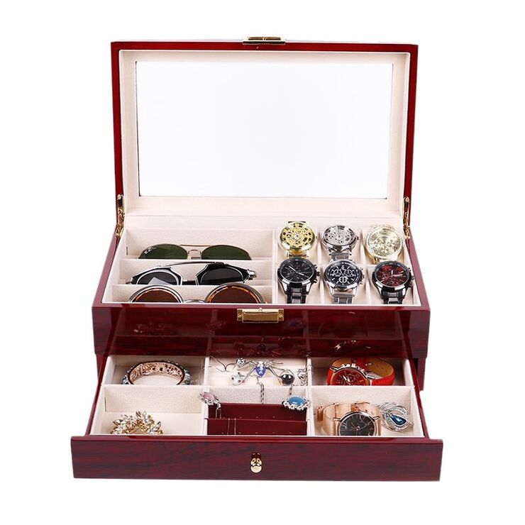 Glasses, frames and accessories holder display with cover and drawer, 3 places for glasses, red