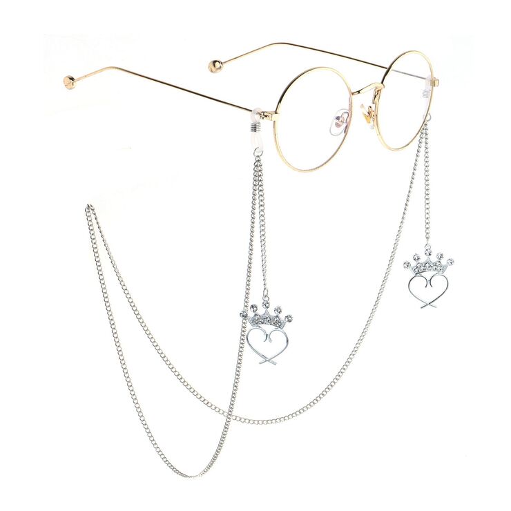Silver-colored metal non-slip chain, with crown heart-shaped, for glasses and masks GL790