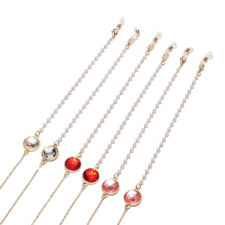 Gold-colored metal non-slip chain, with red crystal and pearl, for glasses and masks GL1505