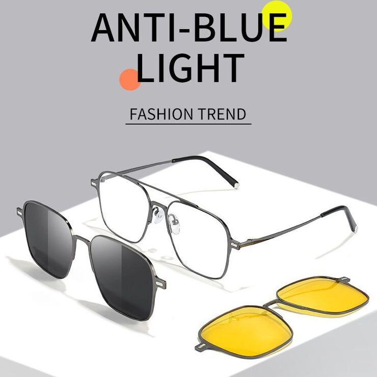 Metal Blue Ray Cut protection men's frame + magnet sunshade clip-on 7009-GT