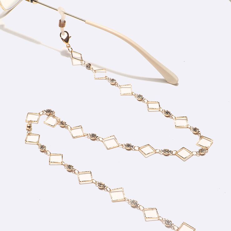 Gold-colored metal non-slip chain, with square and  rhinestone, for glasses and masks GL1610
