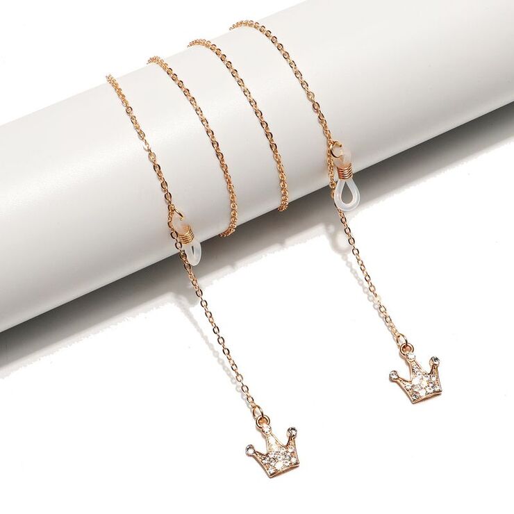 Gold-colored metal non-slip chain, with crown pendant with rhinestones, for glasses and masks GL1510