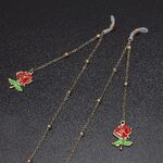 Gold-colored metal non-slip chain, with pendant red rose and beads, for glasses and masks GL554