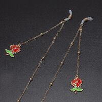 Gold-colored metal non-slip chain, with pendant red rose and beads, for glasses and masks GL554