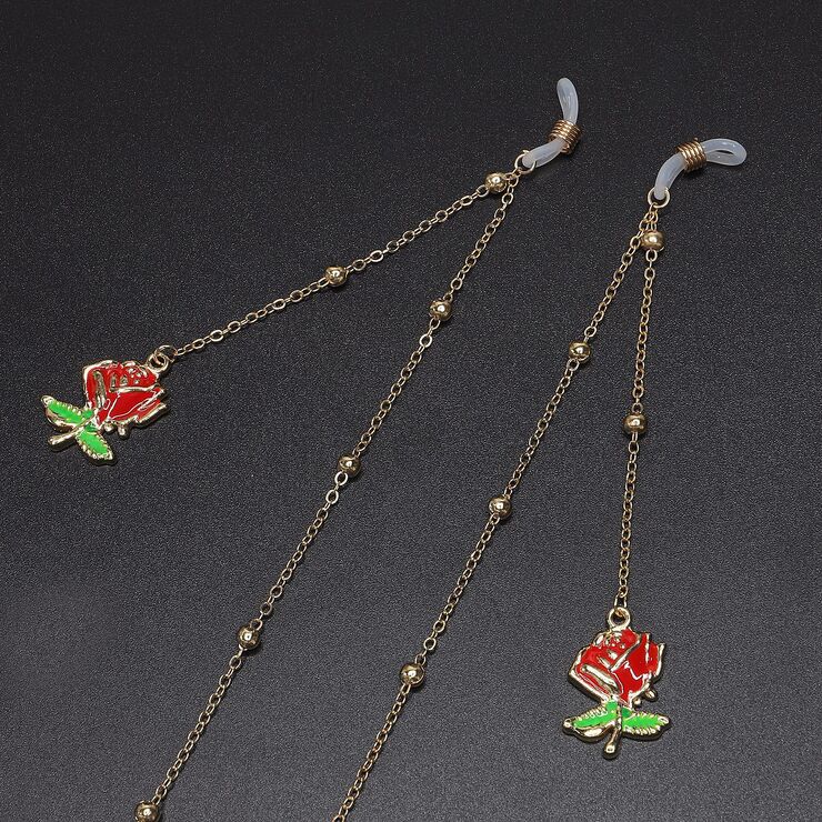 Gold-colored metal non-slip chain, with pendant red rose and beads, for glasses and masks GL554