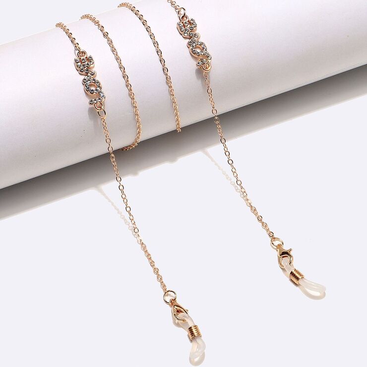 Gold-colored metal non-slip chain, with letters love with rhinestone, for glasses and masks GL1455