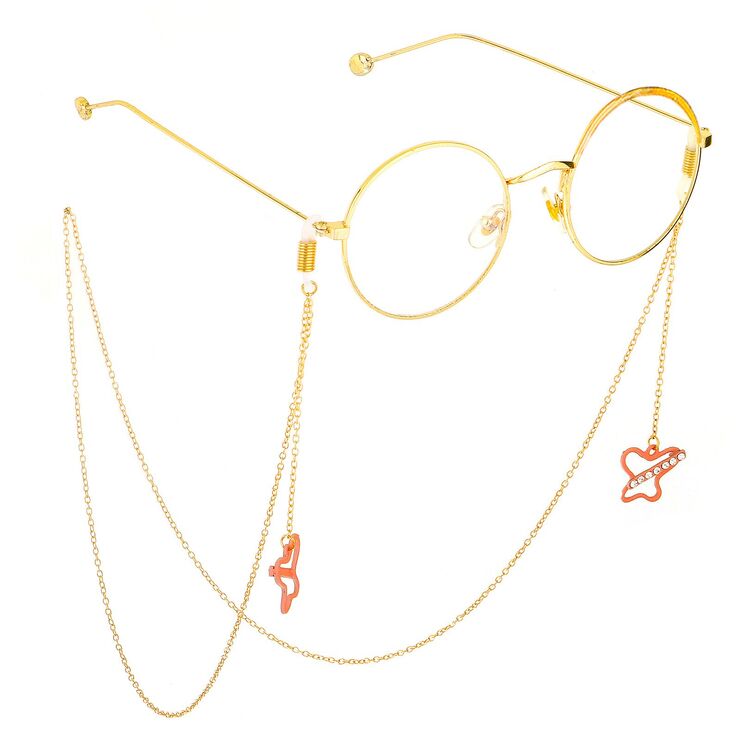 Gold-colored metal non-slip chain, with pendant pink butterfly with rhinestone, for glasses and masks GL711