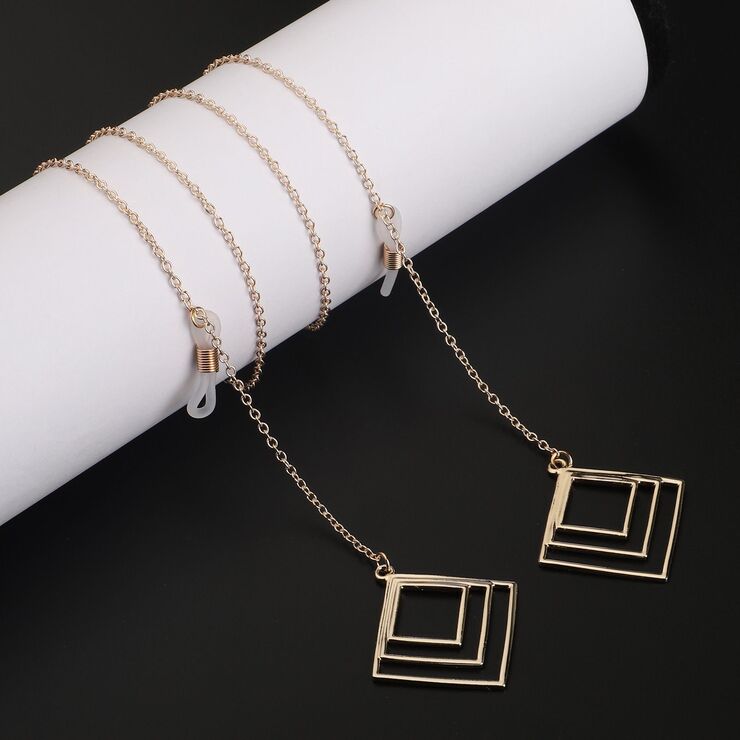 Gold-colored metal non-slip chain, with pendant multi-layer square, for glasses and masks GL870