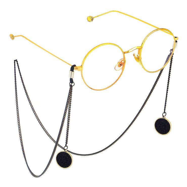 Black-colored metal non-slip chain, with pendant black round, for glasses and masks GL645