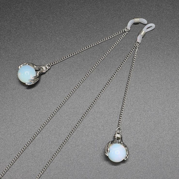 Металлическая нескользящая цепочка с серебрянным покрытием, с кулоном из опала, для очков и масок GS022