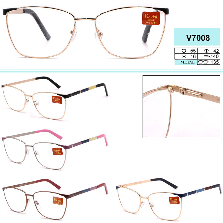 Women's metal elegant eyeglasses with flex hinges Vizzini V7008 Diopters: +0.75 to +4.00 (step 0.25) white lens