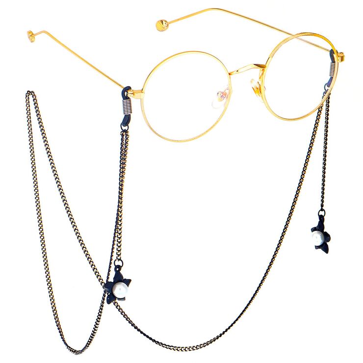 Black-colored metal non-slip chain, with pendant black star and pearl, for glasses and masks GL499