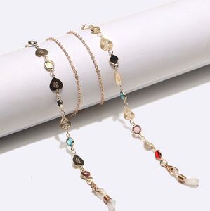 Gold-colored metal non-slip chain, with colorful crystal and copper heart, for glasses and masks GL1473