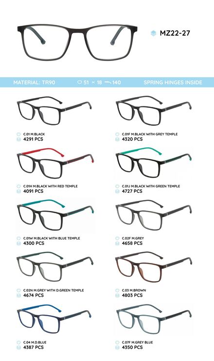 TR-90 plastic frames for glasses, with spring hinges MZ22-27