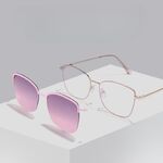 Metal Blue Ray Cut protection cat-eye frame with spring hinges + magnet sunshade clip-on 7018-GT