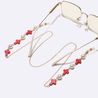 Gold-colored metal non-slip chain, with natural red stone and pearl, for glasses and masks GL1730