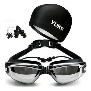Swimming waterproof anti-fog goggles, earpugs, nose clip, cap, 770-1-YU