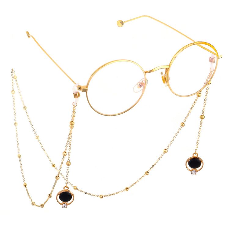 Gold-colored metal non-slip chain, with pendant black pearl and rhinestones, for glasses and masks GL579