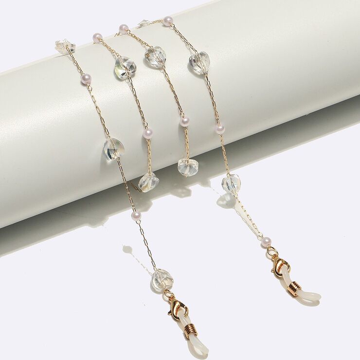 Gold-colored metal non-slip chain, with crystal heart and pearl, for glasses and masks GL1700