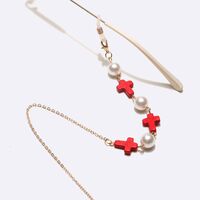 Gold-colored metal non-slip chain, with natural red stone and pearl, for glasses and masks GL1730