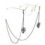 Black-colored metal non-slip chain, with pendant hollow leaves, for glasses and masks GL782
