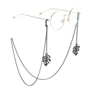 Black-colored metal non-slip chain, with pendant hollow leaves, for glasses and masks GL782