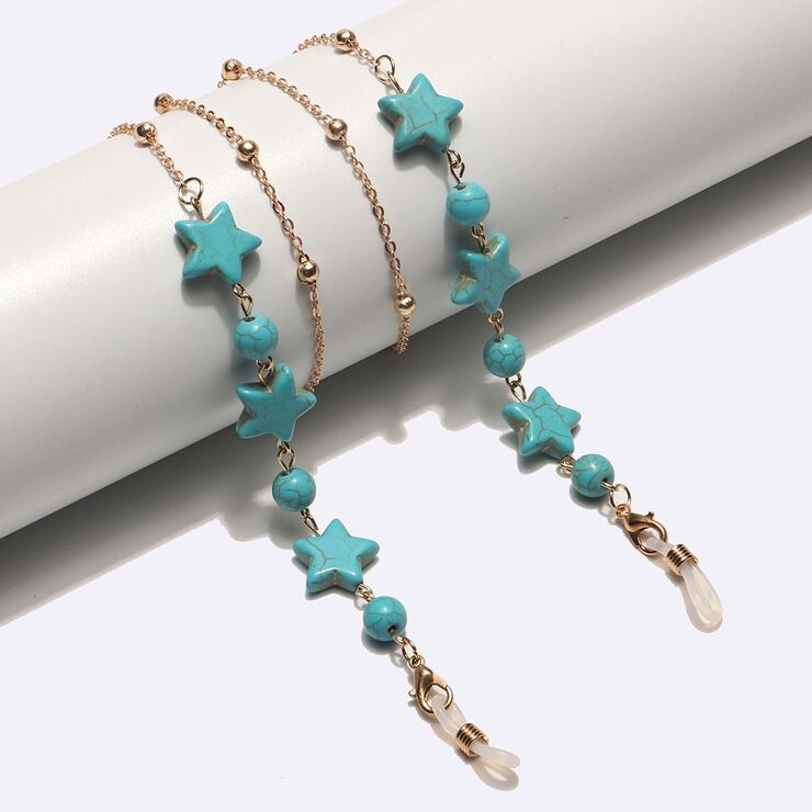 Gold-colored metal non-slip chain, with turquoise stars and beads, for glasses and masks GL1740