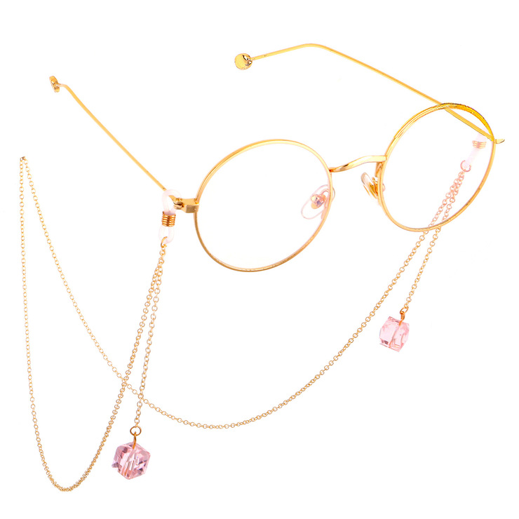 Gold-colored metal non-slip chain, with pendant pink crystal, for glasses and masks GL563