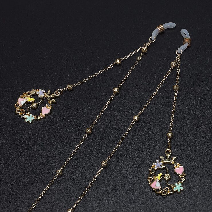 Gold-colored metal non-slip chain, with pendant flower girl and beads, for glasses and masks GL577