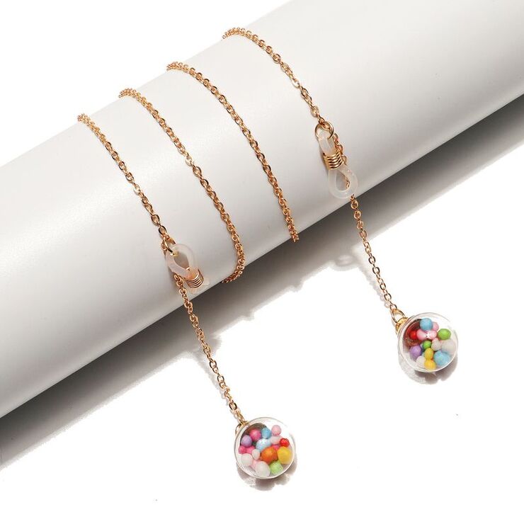 Gold-colored metal non-slip chain, with ball-shaped pendant, for glasses and masks GL1507