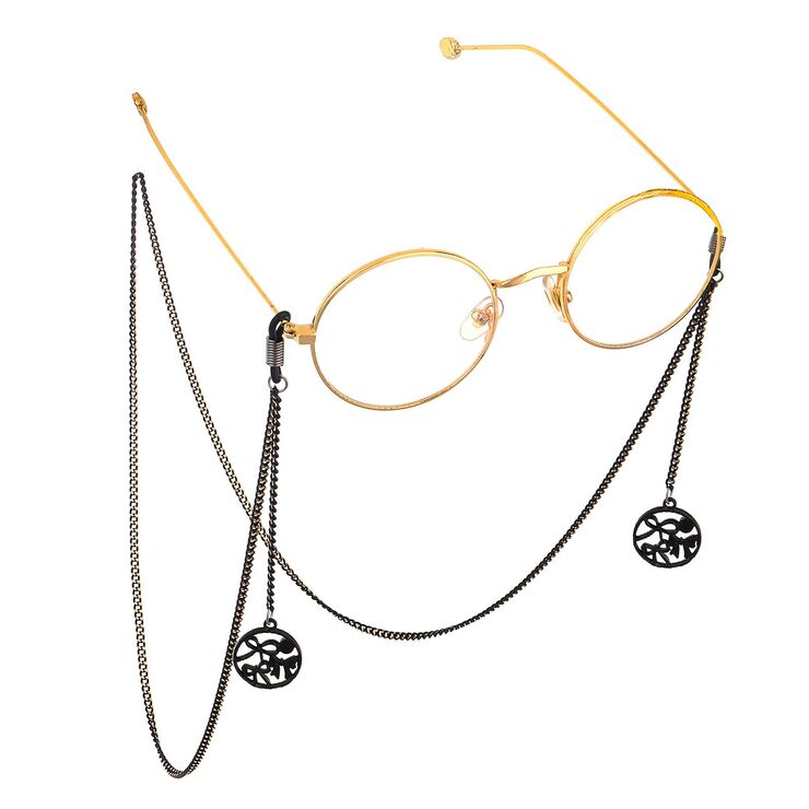 Black-colored metal non-slip chain, with pendant bowknot with rhinestone, for glasses and masks GL605