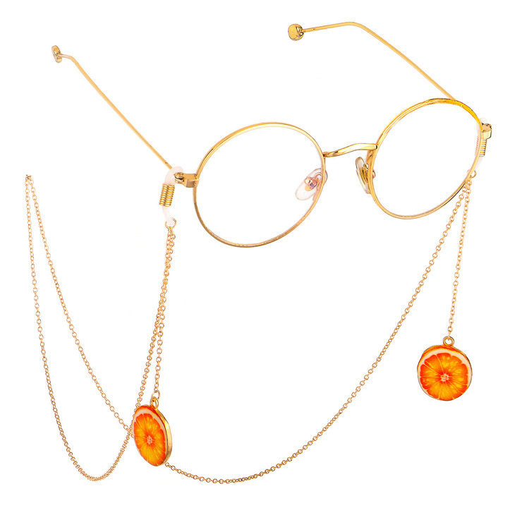 Gold-colored metal non-slip chain, with pendant orange, for glasses and masks GL657